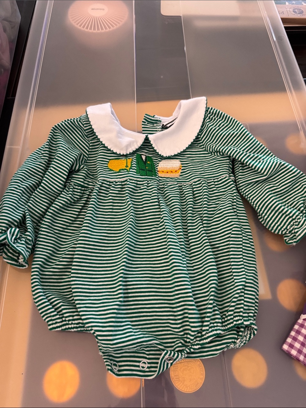 MASTERS Green Striped Baby One-Piece with White Peter Pan Collar